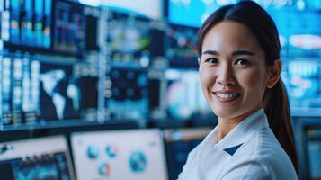 Smiling woman working in high-tech control room with multiple screens, data analysis and monitoring technology. photo