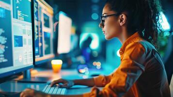 Woman working on computer in modern office, focusing on multiple screens with analytical data and programming code, representing technology industry. photo