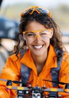 Smiling woman in safety gear operating a drone. Outdoor setting with orange clothing and goggles, representing technology and aviation. photo