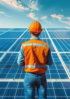 Engineer inspecting solar panels in a solar farm under a clear sky, highlighting renewable energy and sustainable technology. photo