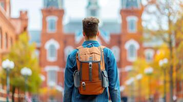 Young traveler with backpack exploring a charming city with historic architecture and autumn foliage. Perfect urban adventure and travel inspiration. photo