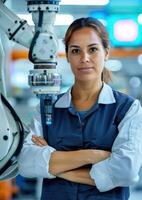 Female engineer confidently standing by industrial robotic arm in a modern manufacturing facility, showcasing advanced technology and innovation. photo