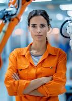Confident female engineer in an orange uniform stands with arms crossed in a high-tech industrial facility featuring robotic machinery. photo