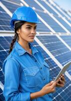 Beautiful woman engineer in a blue helmet using a tablet while inspecting solar panels at a solar farm on a sunny day. photo