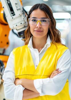 confidente hembra ingeniero en la seguridad engranaje trabajando con robótico maquinaria en industrial configuración, exhibiendo tecnología y Ingenieria pericia. foto