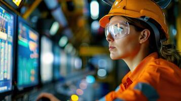 Female engineer closely monitors industrial equipment control system in high-tech factory wearing safety gear and head protection. photo