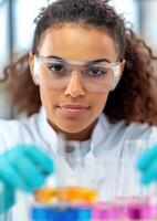 Female scientist working in a laboratory, conducting research and experiments with colorful chemicals in glassware, wearing safety goggles. photo