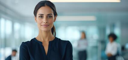 Confident professional woman in modern office environment, showcasing leadership and success in the workplace. photo