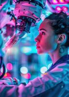 Female scientist working with advanced robotic equipment in a vibrant laboratory illuminated by colorful lights, focusing on precision engineering. photo