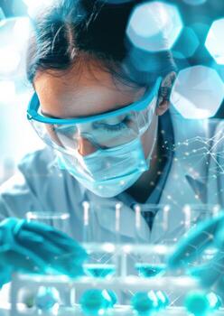 Scientist wearing safety goggles and mask conducting experiment in laboratory with test tubes and futuristic holographic elements. photo