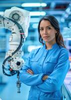 Confident female engineer in blue uniform standing in front of robotic arm in a high-tech industrial facility, showcasing modern technology. photo
