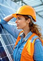 Female engineer in orange helmet and vest inspecting solar panels on a sunny day, representing renewable energy and sustainability. photo