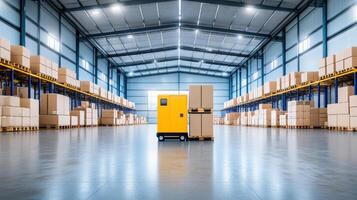 Modern warehouse interior with automated yellow robot handling packages, representing logistics and efficient storage solutions. photo
