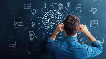 Man brainstorming on chalkboard with diagrams and brain sketch, thinking and analyzing ideas and concepts, focused and creative work. photo