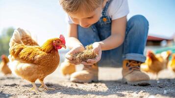 Young child feeding a chicken in a sunny outdoor farm setting, showcasing interaction with animals and farm life. Warm and joyful moment. photo