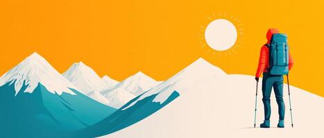 Hiker with backpack and trekking poles looking at a sunny mountain landscape with snowy peaks under an orange sky. photo