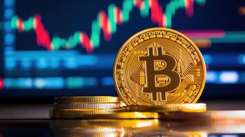 Golden Bitcoin with a stock market chart in the background, representing digital cryptocurrency and investment concepts. photo