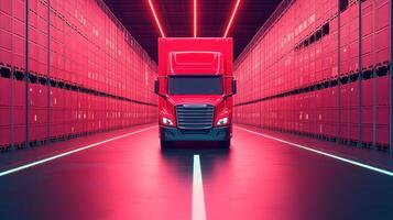 Futuristic red semi-truck in a high-tech neon-lit warehouse, representing innovation in transportation and logistics. photo
