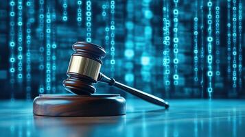 Gavel on a digital background representing the intersection of law and technology, conveying the concept of digital justice and cybersecurity. photo
