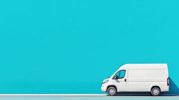 White delivery van against a blue background. Perfect for delivery, logistics, or transportation-themed concepts. photo