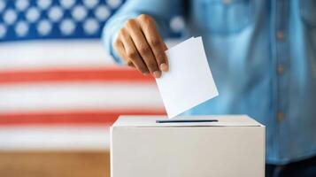 Person casting a vote in election with American flag in the background, symbolizing democracy and civic duty. photo