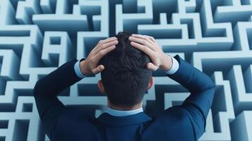 Frustrated businessman in a suit standing in front of a complex maze, holding his head, representing confusion and difficulty in decision-making. photo