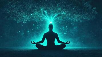 Silhouette of a person meditating with glowing tree of life. Spiritual awakening, mindfulness, and inner peace concept. photo