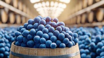 Freshly harvested blue grapes in a wooden barrel displayed in a winery cellar with rows of barrels in the background, emphasizing wine production. photo