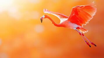 Graceful flamingo in flight against a vibrant orange background, capturing the beauty of wildlife in motion. photo