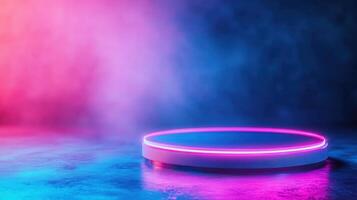 Futuristic neon lit podium with misty background, ideal for product display or promotional design. Vibrant and abstract lighting. photo