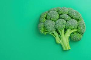 Fresh broccoli on a vibrant green background, showcasing healthy and organic vegetable produce, perfect for culinary and dietary themes. photo
