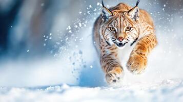 Powerful lynx running through snow-covered landscape, showcasing its agility and strength in the wild. photo