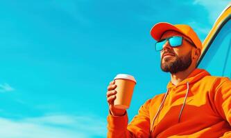 Man in orange hoodie, hat, and sunglasses holds takeaway coffee, leaning on car against clear blue sky. Vibrant, relaxing moment outdoors. photo