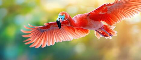 Vivid scarlet macaw in flight against a colorful blurred background, showcasing vibrant feathers and dynamic movement. photo