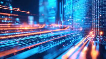 High-tech abstract background with dynamic lines and glowing lights symbolizing fast data transfer and digital communication. photo