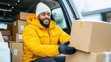 Smiling delivery man in yellow jacket loading cardboard boxes into the back of a van on a cold day. photo