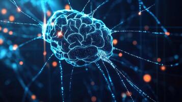 Futuristic illustration of a glowing brain connected by neural networks, symbolizing artificial intelligence and advanced technology. photo