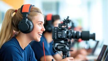 Young female videographer with headphones operates a professional camera in a modern studio environment. photo