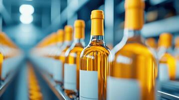 Line of amber bottles on a conveyor belt in a modern beverage production facility, showcasing industrial manufacturing and efficiency. photo