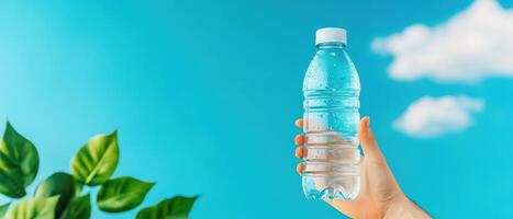 Hand holding a plastic water bottle against a vibrant blue sky with green leaves in the background, symbolizing freshness and hydration. photo