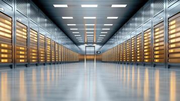 Modern data center hall with glowing server racks and reflective floors, showcasing advanced technology infrastructure. photo