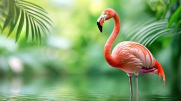 Vibrant flamingo standing in tranquil water amidst lush green foliage, creating a serene tropical setting perfect for nature-themed projects. photo