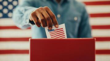 Person casting a vote in an election, with an American flag in the background, symbolizing democracy and civic participation. photo