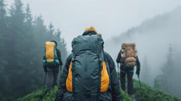 Three hikers with backpacks trek through a misty forest landscape, surrounded by evergreen trees and fresh, invigorating mountain air. photo