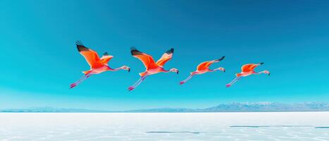 Four flamingos in flight against a vibrant blue sky over a salt flat, showcasing nature and wildlife in perfect harmony. photo