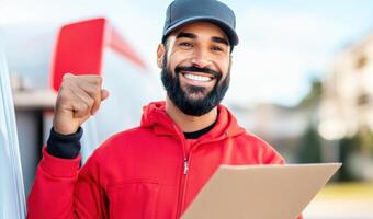 Smiling delivery man in red uniform holding a clipboard. Outdoor setting with delivery van in the background. Happy and professional. photo