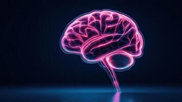 Glowing neon brain illustration on a dark background, showcasing neural connections and intricate brain structure, symbolizing intelligence and innovation. photo