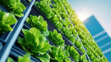 Vertical garden with lush green plants growing on a sunny day, representing urban agriculture and sustainable farming concepts. photo