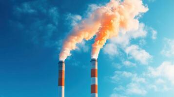Industrial chimneys releasing smoke into the blue sky, symbolizing air pollution and environmental impact. Clear day with vibrant colors. photo