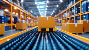 Modern warehouse conveyor system with brown package, efficient and automated logistic solutions for storage and shipping. photo
